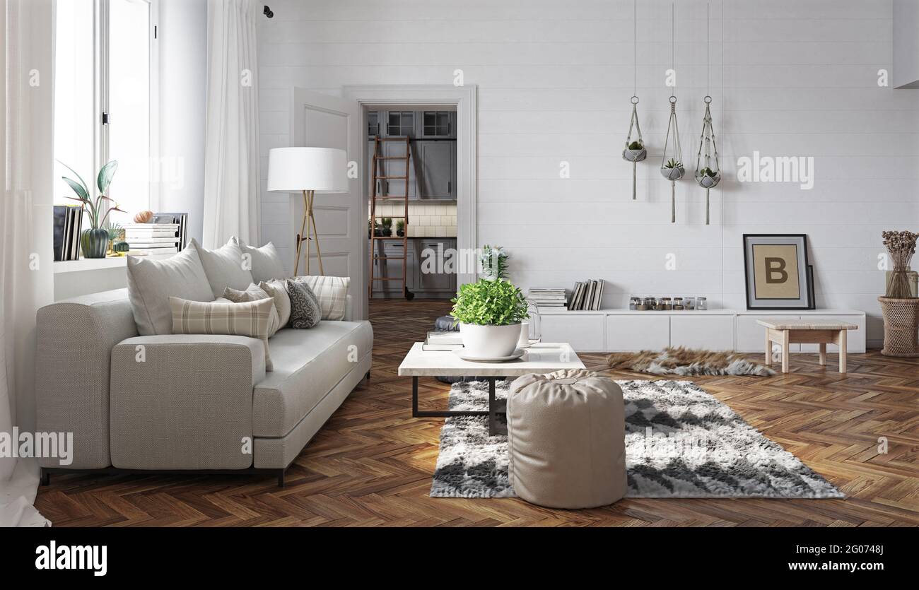 modern living interior design. 3d concept illustration Stock Photo - Alamy