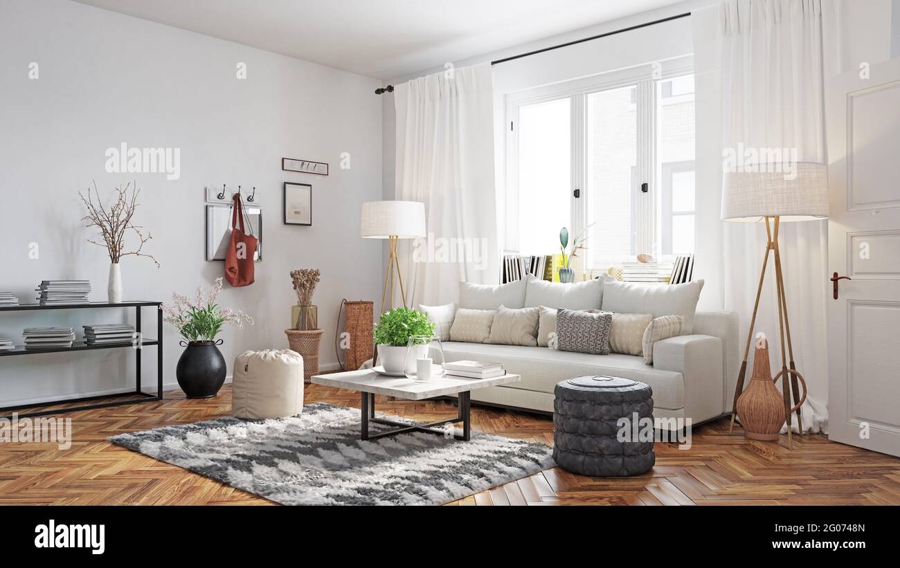 modern living interior design. 3d concept illustration Stock Photo - Alamy