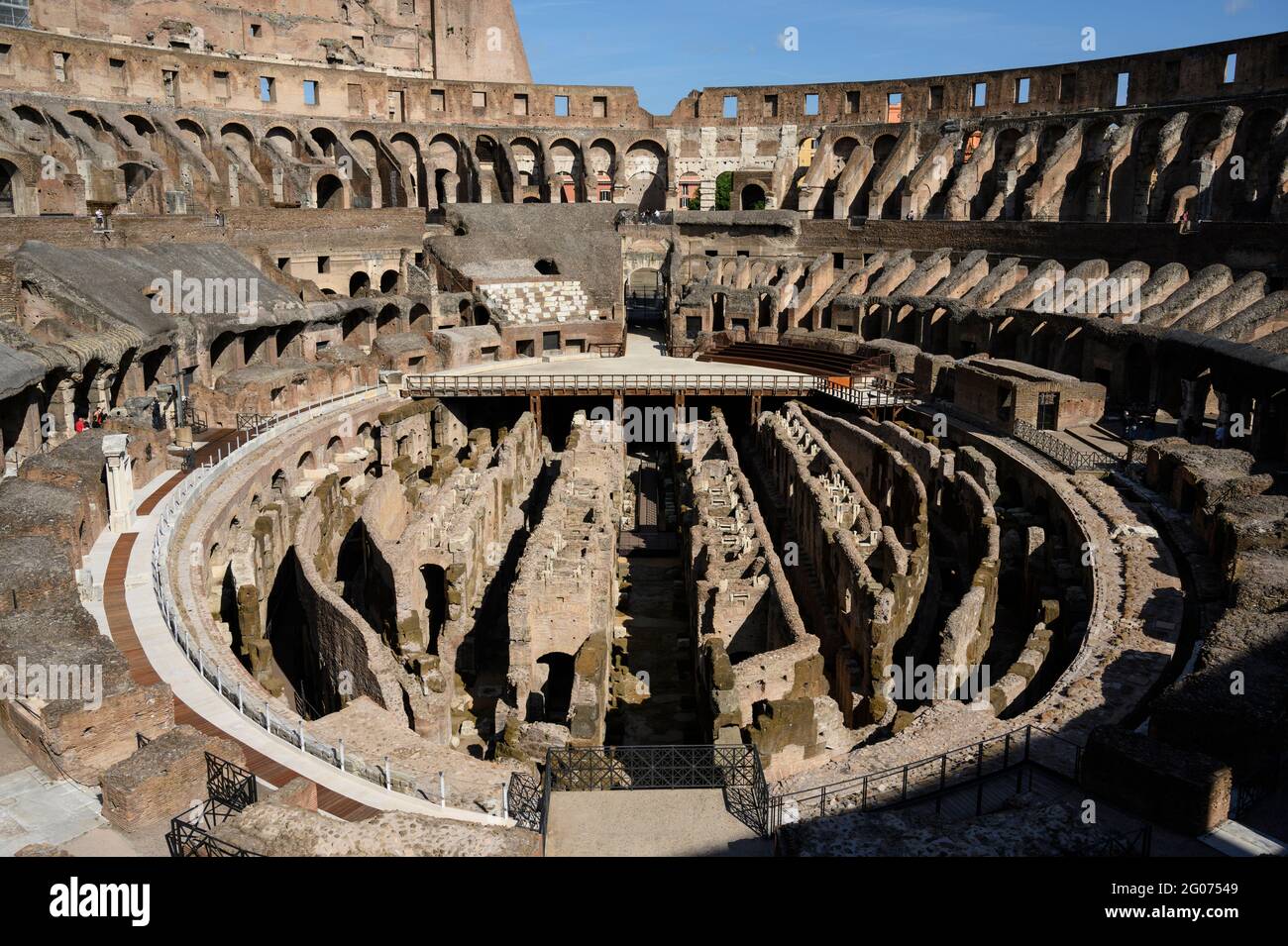Rome. Italy. Interior view of the Colosseum (Il Colosseo), showing tiered seating and the hypogeum, the elaborate underground structure. Stock Photo
