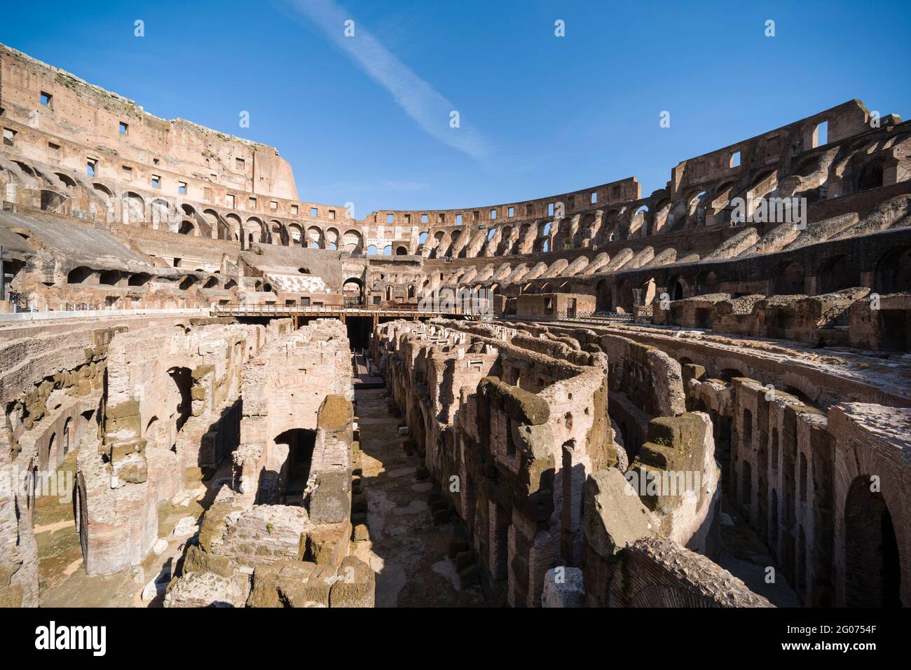 Rome. Italy. Interior view of the Colosseum (Il Colosseo), showing tiered seating and the hypogeum, the elaborate underground structure. Stock Photo