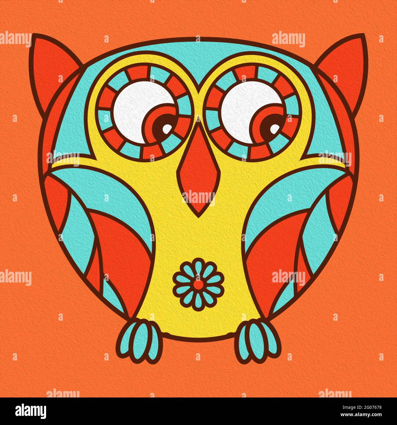 Illustration of a funny cartoon oval owl on orange background, made as