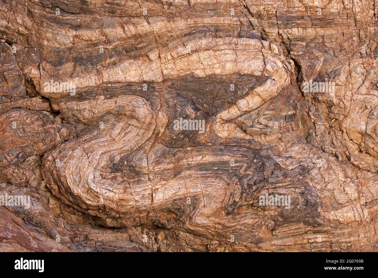 Ductiley deformed Proterozoic basement gneiss, southeastern California, USA. View is about 2 meters across. Stock Photo