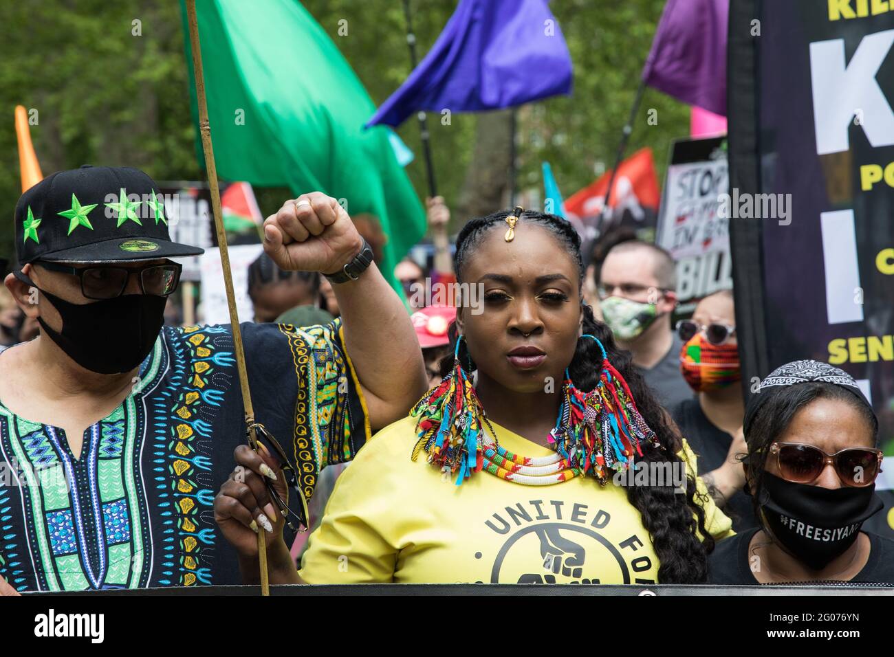 London, UK. 29th May, 2021. Lee Jasper (l) and Marvina Newton (c, founder of United for Black Lives, take part in a Kill The Bill National Day of Action in protest against the Police, Crime, Sentencing and Courts (PCSC) Bill 2021. Credit: Mark Kerrison/Alamy Live News Stock Photo