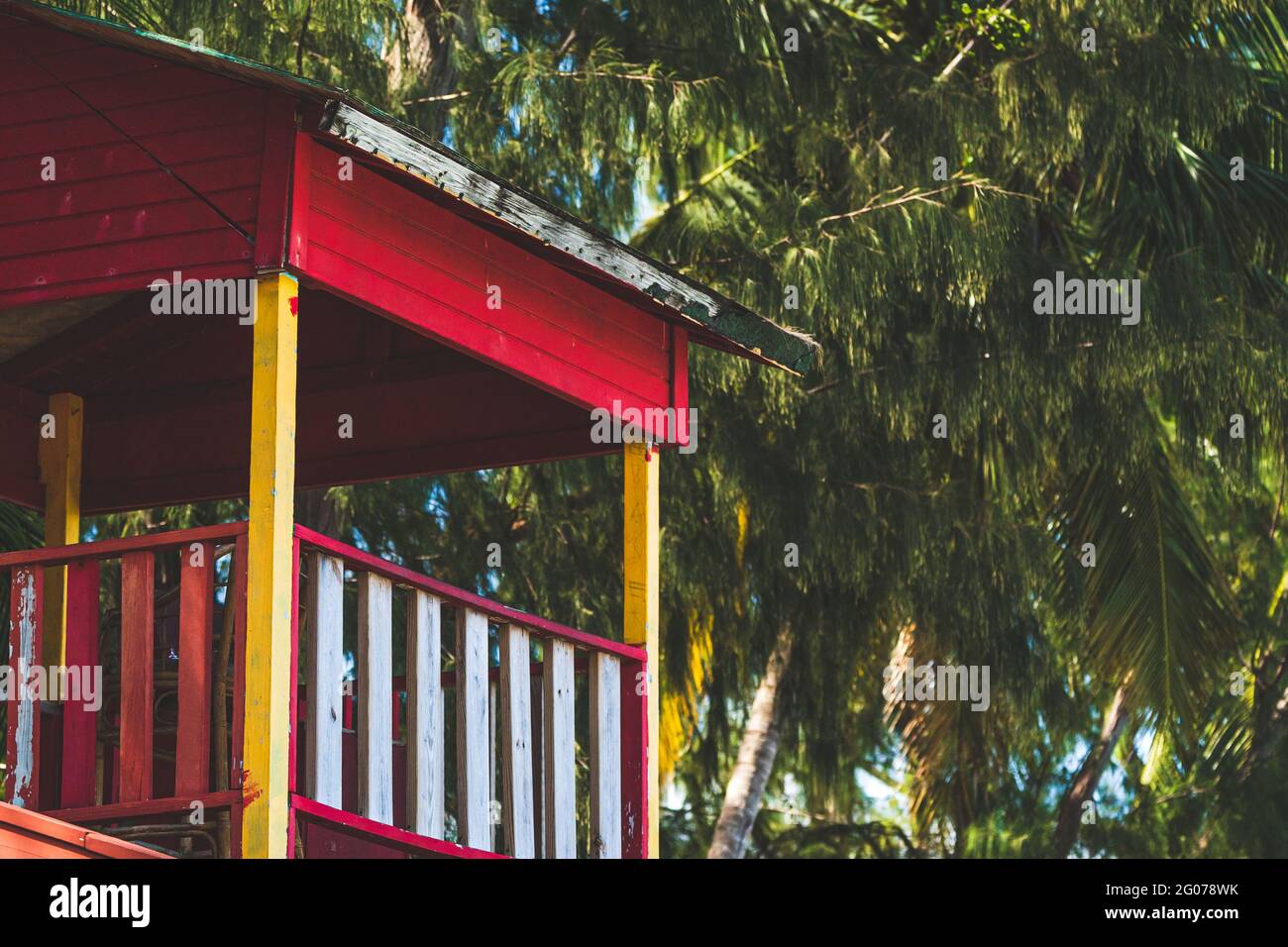 Close up of Red Lifeguard hut on tropical beach Stock Photo