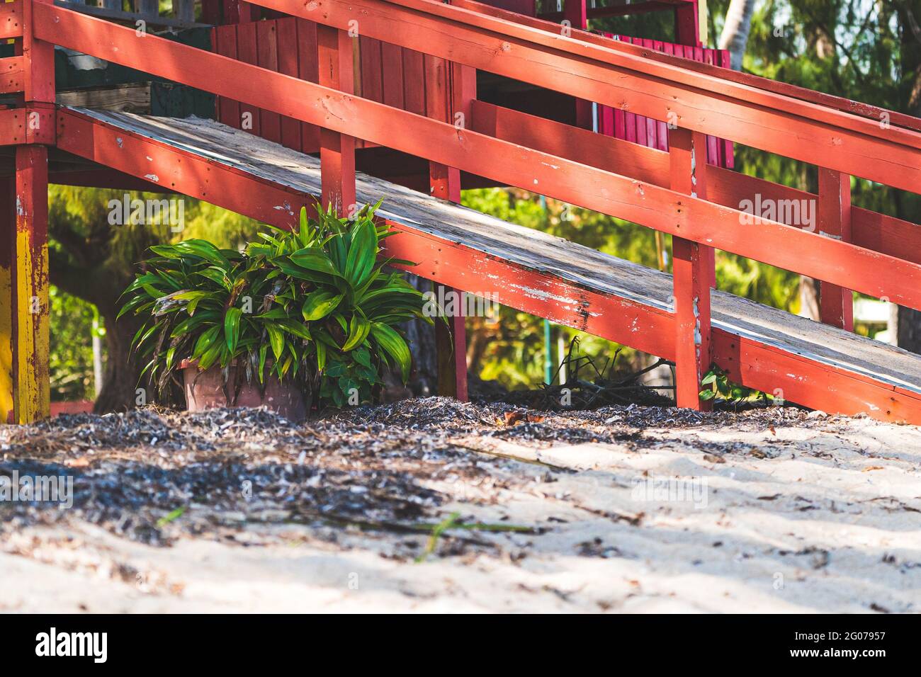 Close up of Red Lifeguard hut on tropical beach Stock Photo