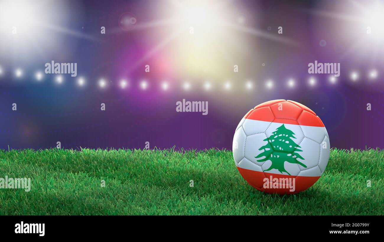 Soccer ball in flag colors on a bright blurred stadium background. Lebanon. 3D image Stock Photo