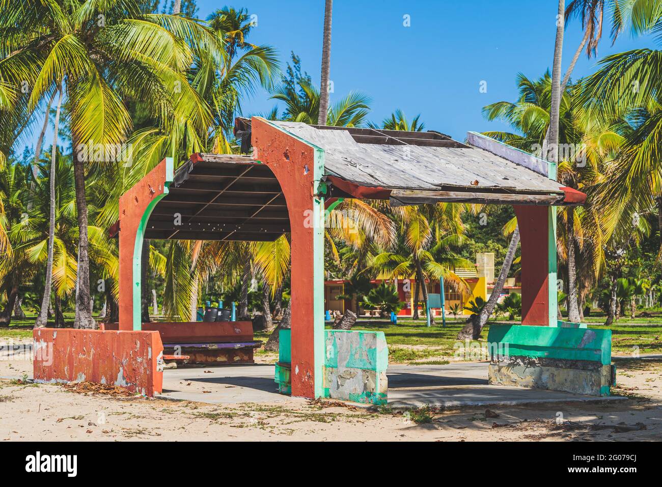 Depilated building damaged from hurricane on tropical beach park Stock Photo
