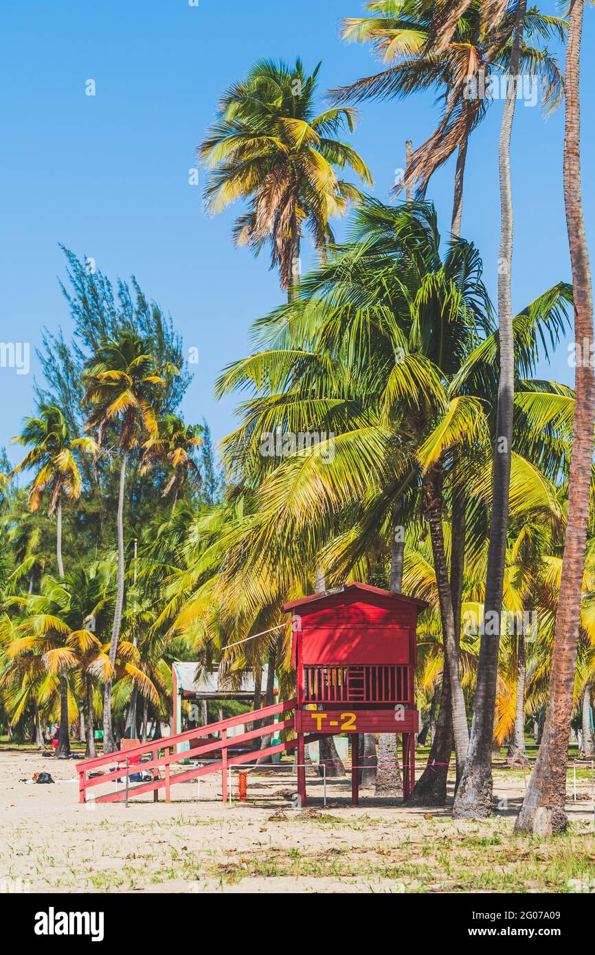Red Life guard hut and palm trees on tropical beach. Luquillo Beach, Puerto Rico Stock Photo