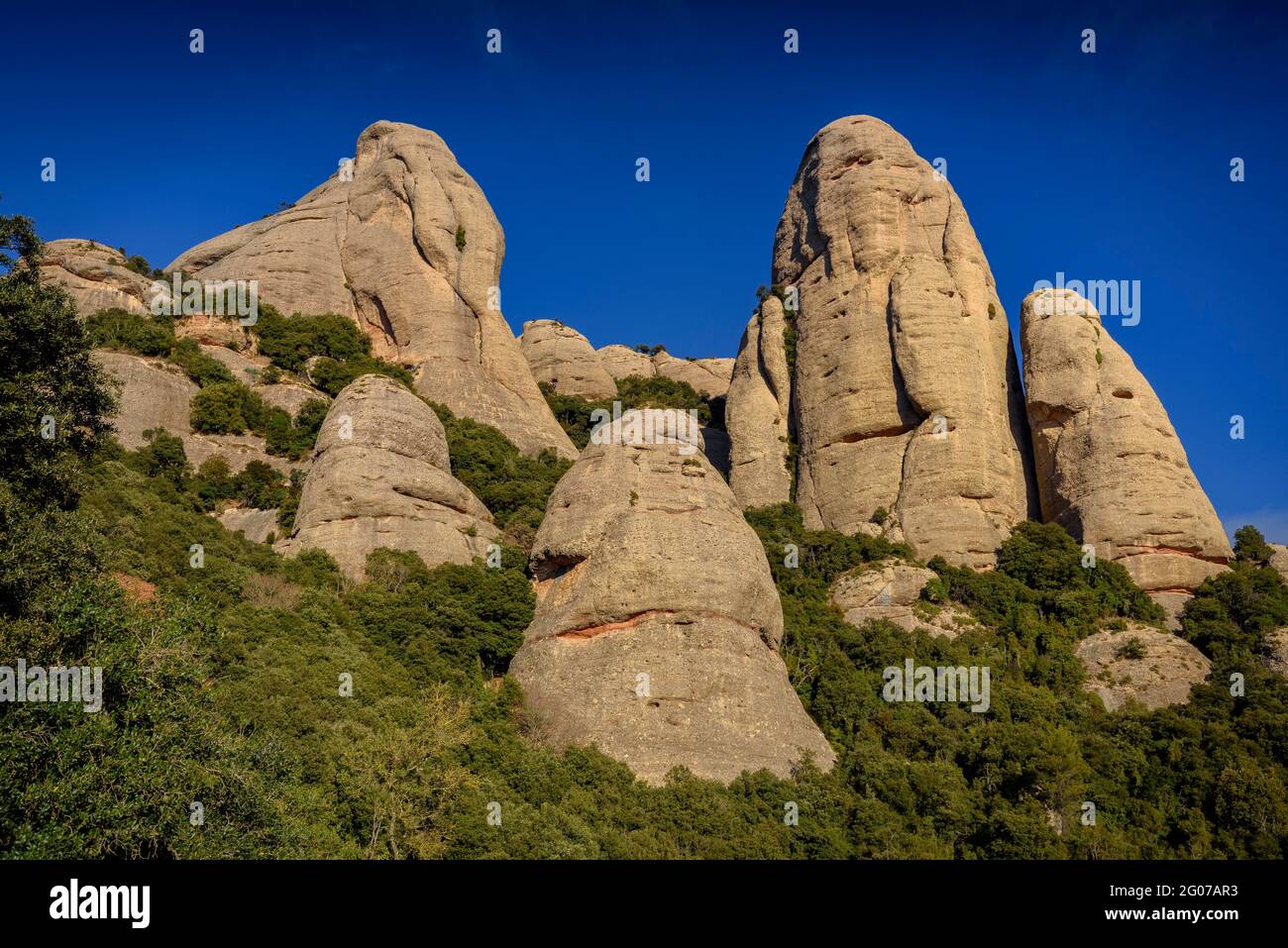 Elefant and La Mòmia spires seen from the path to the hermitage of Sant Benet (Montserrat, Catalonia, Spain) Stock Photo