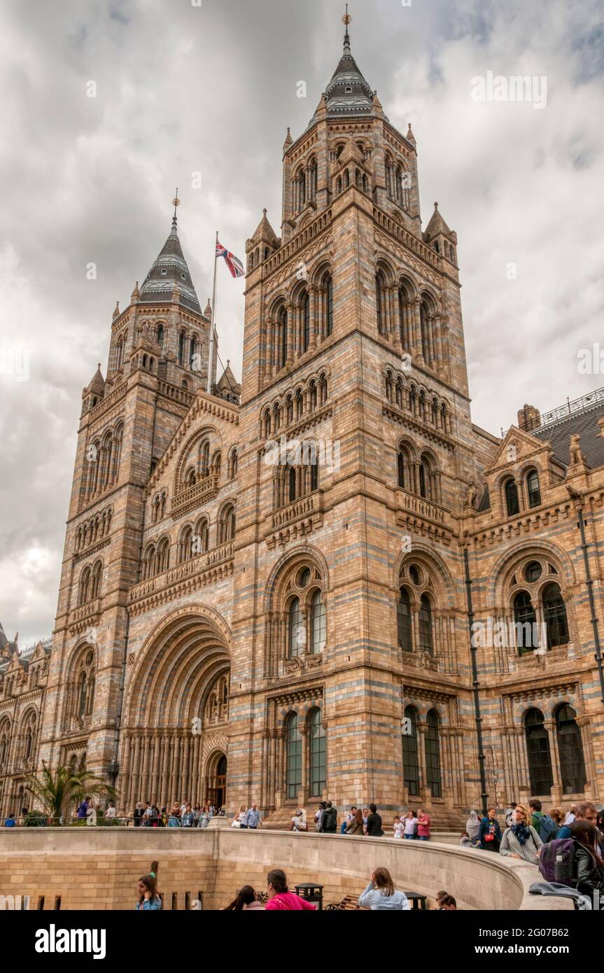The main entrance to the Natural History Museum in London, designed in Romanesque style by Alfred Waterhouse. Stock Photo