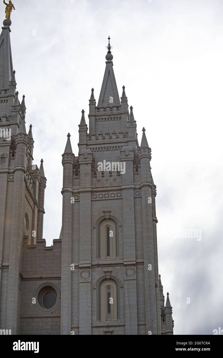 Vertical shot of Salt Lake LDS temple in Utah, USA Stock Photo