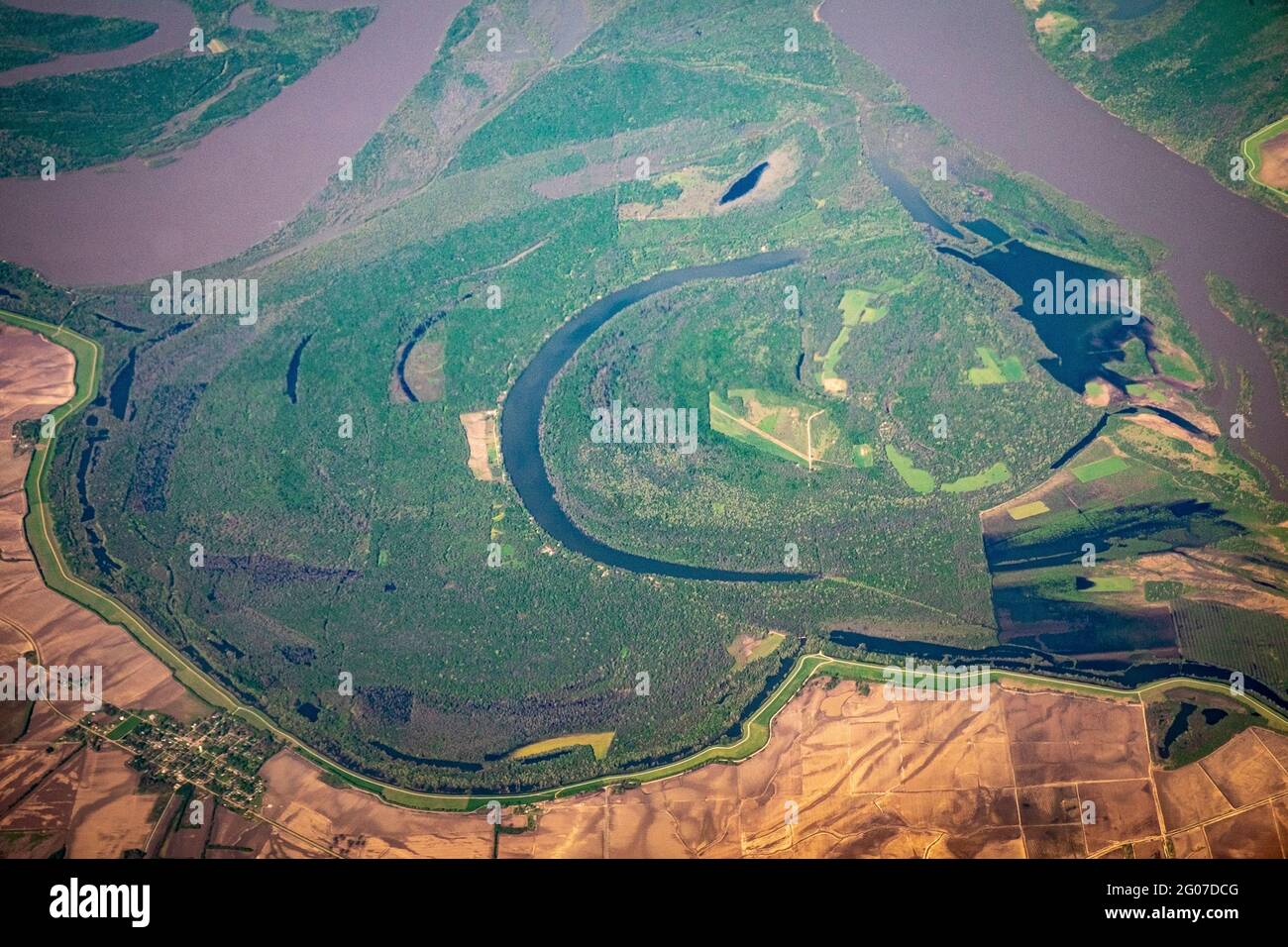 Aerial view of an oxbow lake on the Mississippi River, near Clarksdale, Mississippi, USA Stock Photo