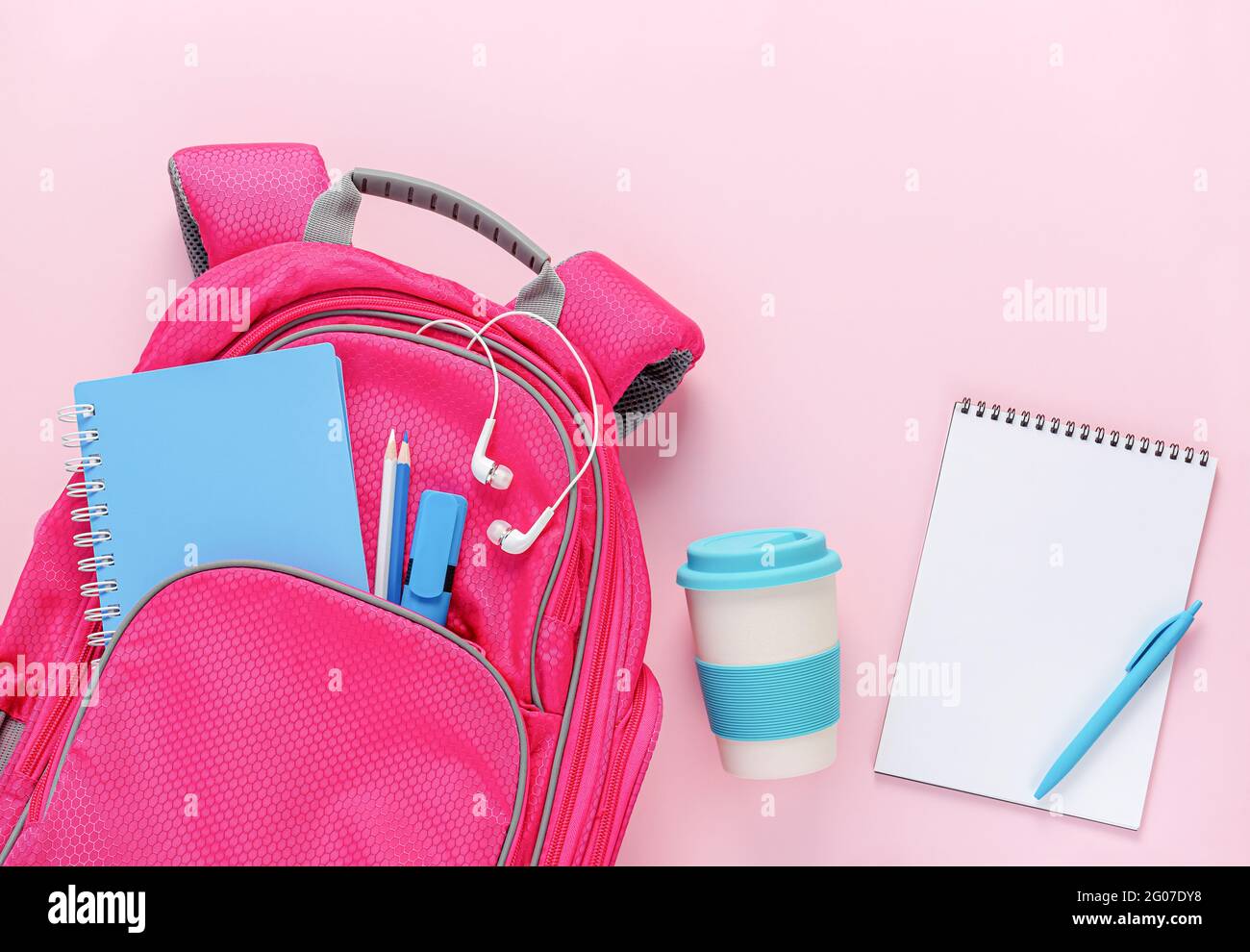 Backpack Filled With School Supplies And Reusable Eco Cup On Pink Background Top View Mockup Blank Stock Photo Alamy