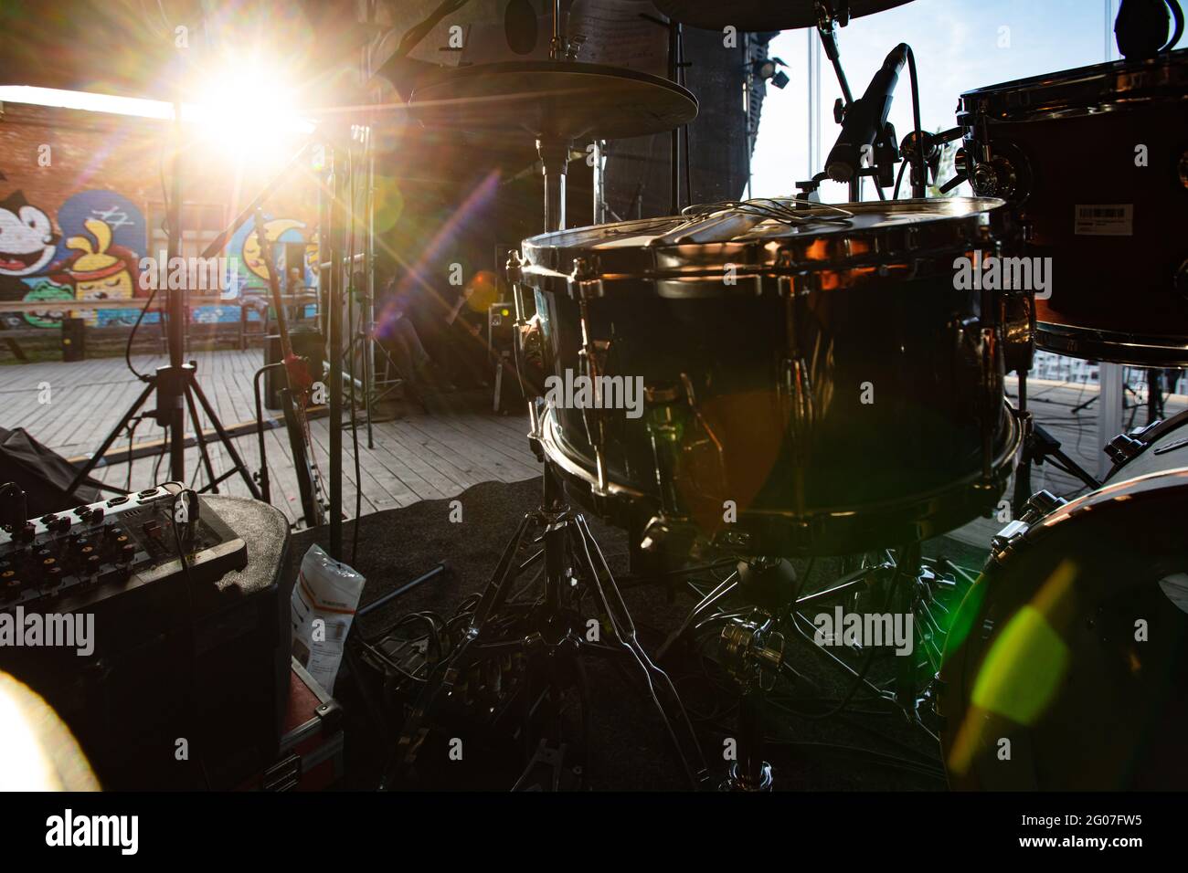 closeup of drums on concert stage Stock Photo Alamy