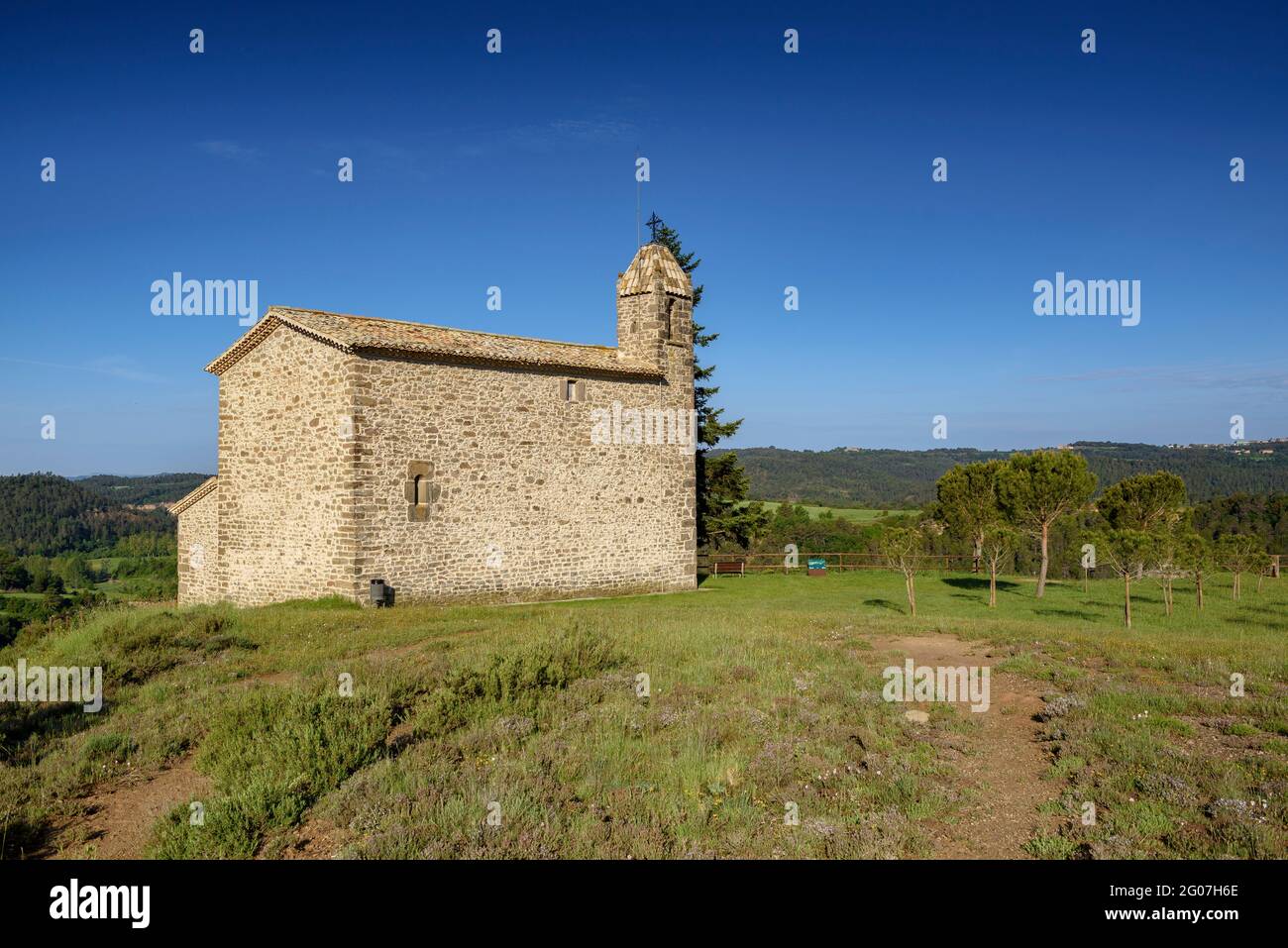 Views from the viewpoint of the Sant Sebastià de Oristà hermitage, in Lluçanès, on a spring morning (Osona, Catalonia, Spain, Pyrenees) Stock Photo