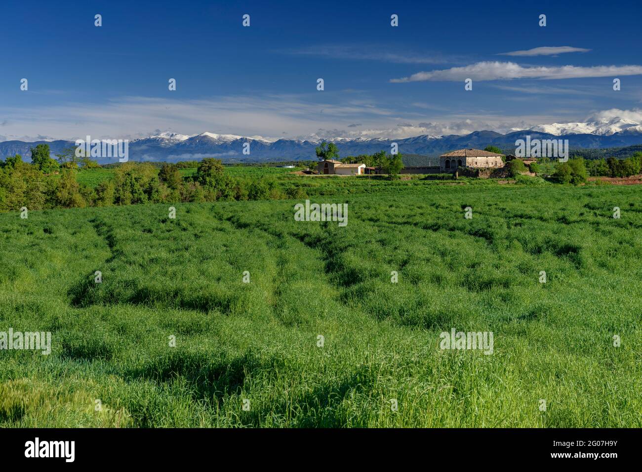 Views from the village of Sant Bartomeu del Grau in spring, with the Pyrenees in the background (Barcelona, Catalonia, Spain) Stock Photo