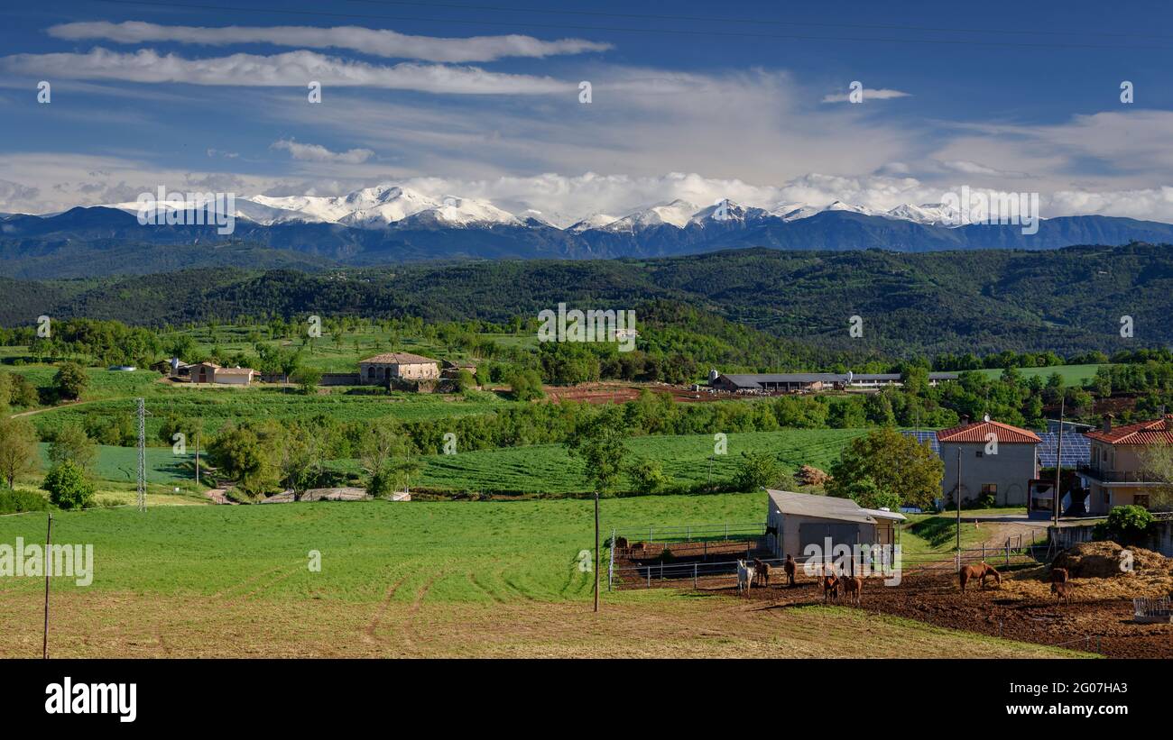 Views from the village of Sant Bartomeu del Grau in spring, with the Pyrenees in the background (Barcelona, Catalonia, Spain) Stock Photo