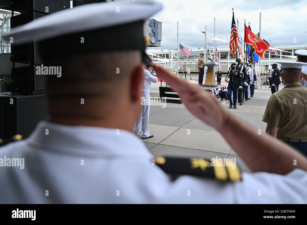 Presentation of the Colors at the Memorial Day Commemoration at the Intrepid Sea, Air & Space Museum in New York. 31 May 2021 Stock Photo