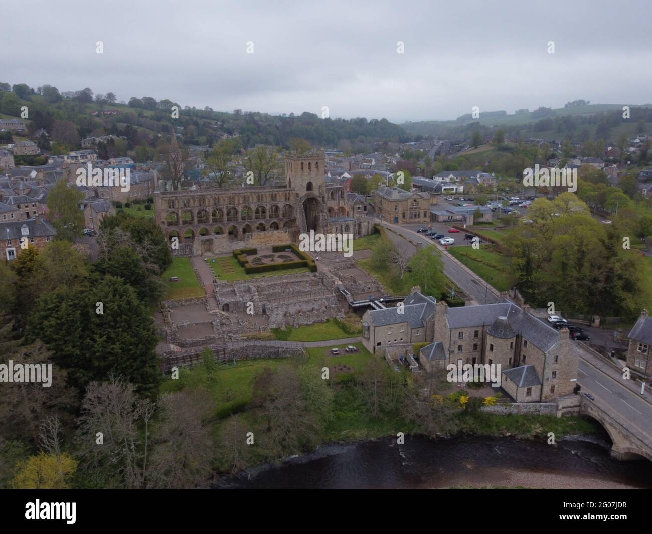 JEDBURGH, SCOTLAND. 13 May, 2021.  Jedburgh Abbey, Aerial View Stock Photo
