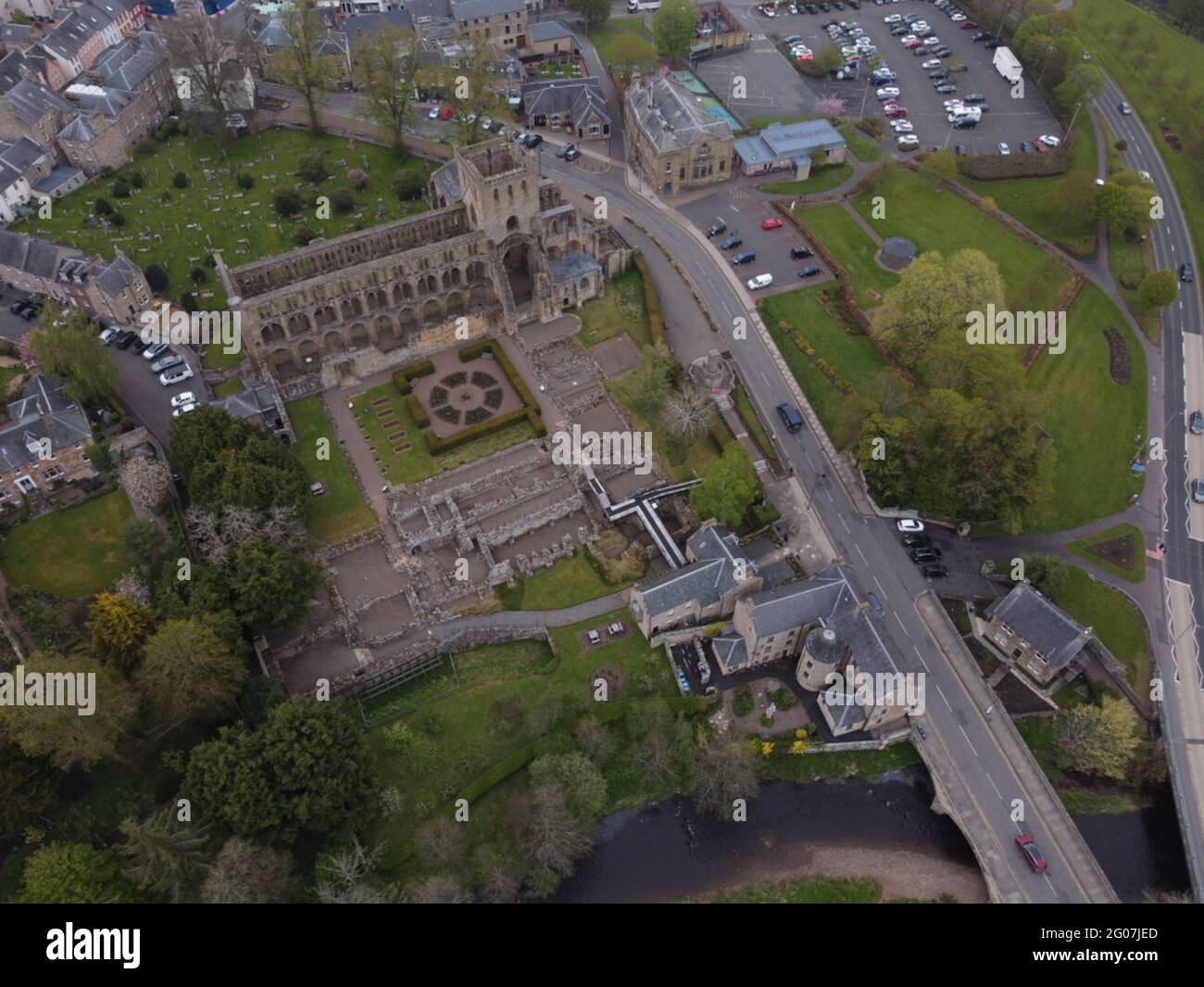 JEDBURGH, SCOTLAND. 13 May, 2021. Jedburgh Abbey, Aerial View Stock Photo