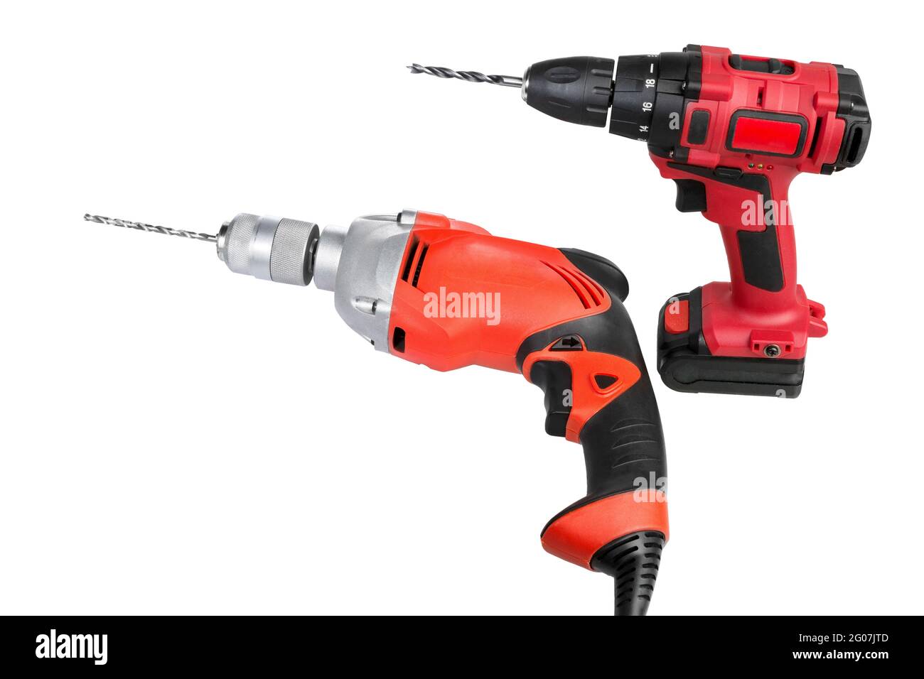 Drill. Cordless drill and screwdriver isolated on white background. Stock Photo