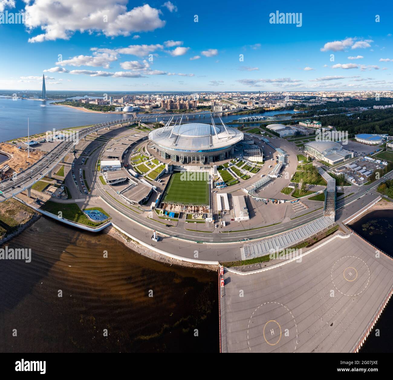 Russia, St.Petersburg, 01 September 2020: Drone point of view of new stadium Gazprom Arena, Euro 2020, retractable soccer field, skyscraper Lakhta Stock Photo