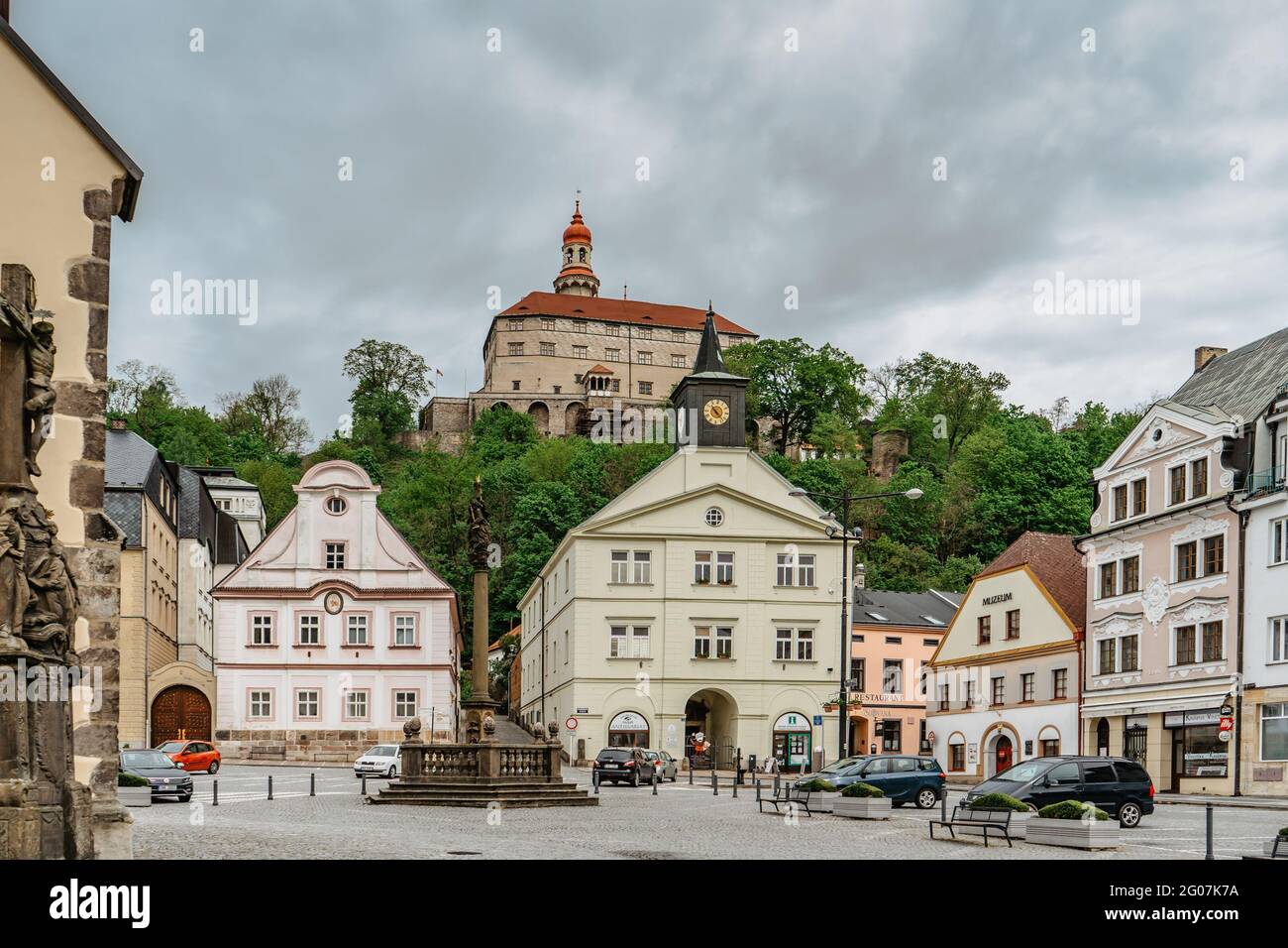 Nachod,Czech Republic- May 23,2021. City centre with main square and church,beautiful castle on hill.Renaissance chateau with observation tower. Stock Photo