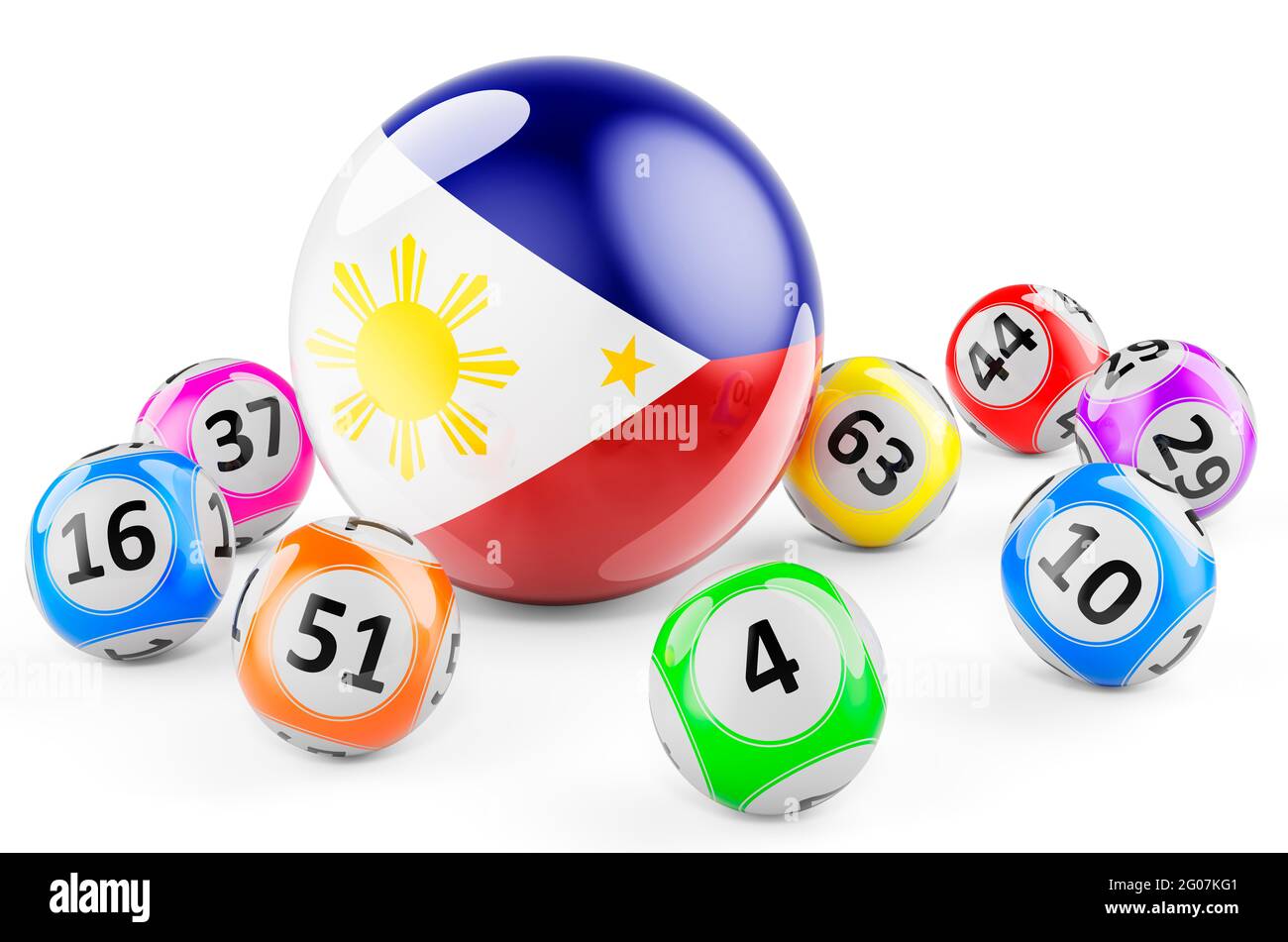 Lotto balls with Filipino flag. Lottery in Philippines concept, 3D rendering isolated on white background Stock Photo