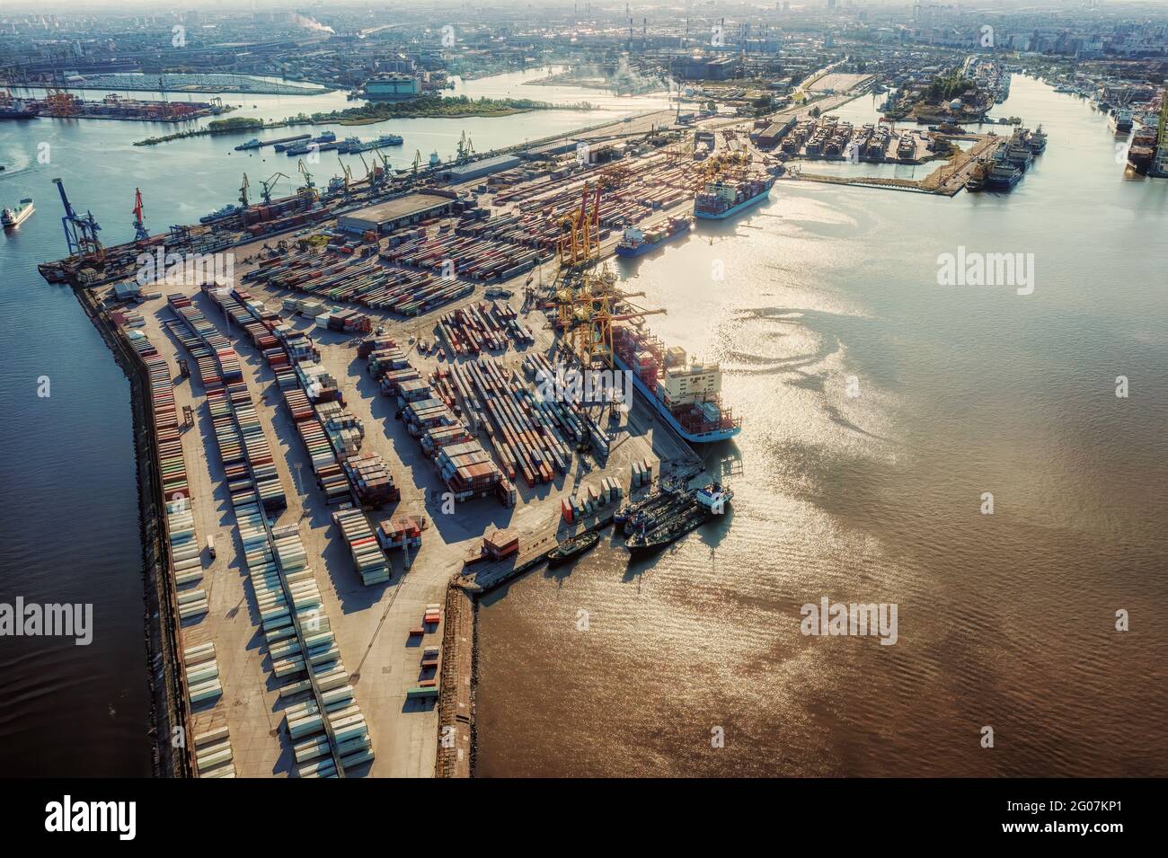 Aerial view on sea port with cargo containers. Industrial landscape Stock Photo