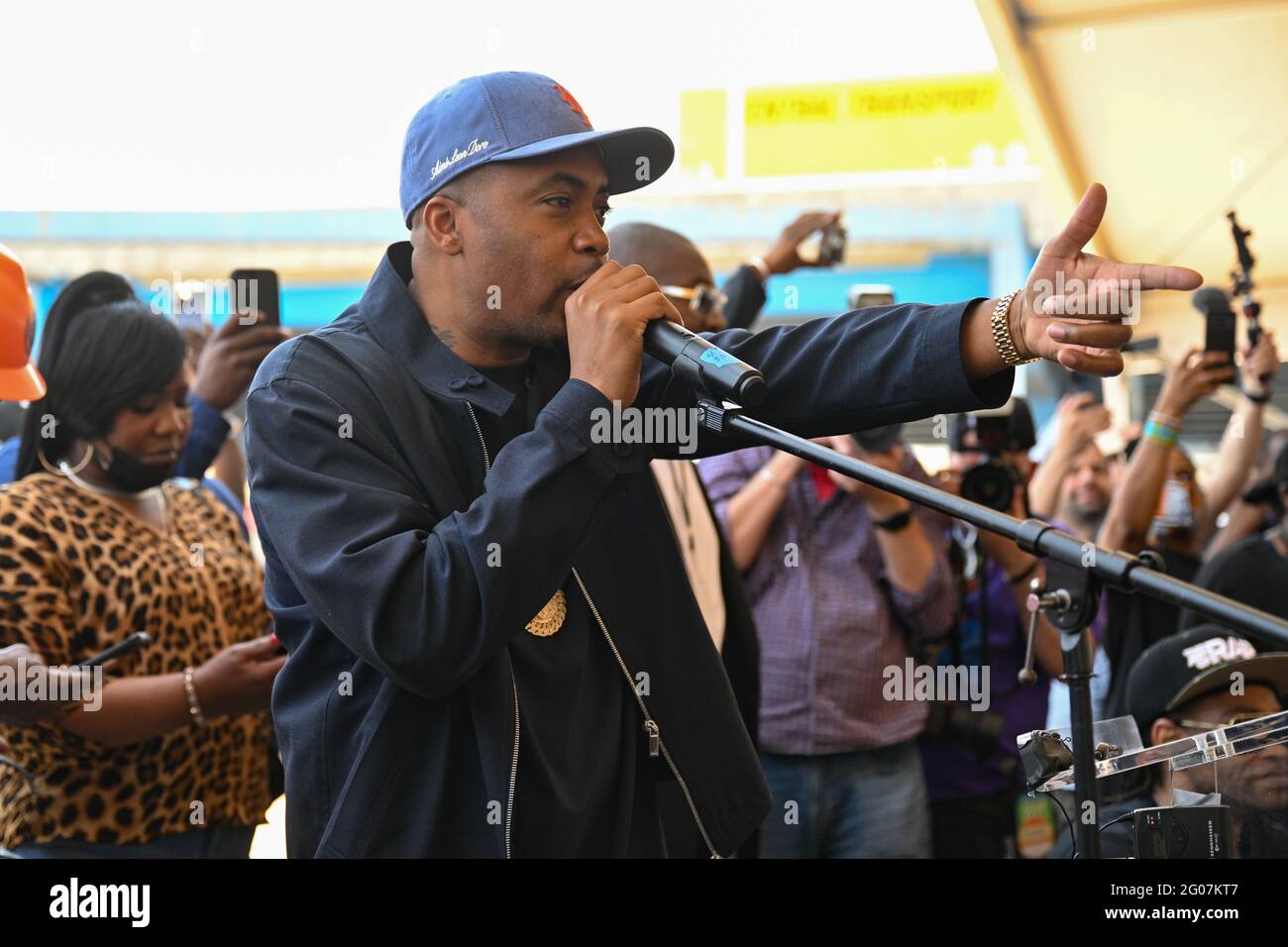 Nas delivers remarks at the groundbreaking of Bronx Point and the Universal Hip Hop Museum in the Bronx in New York. 20 May 2021 Stock Photo