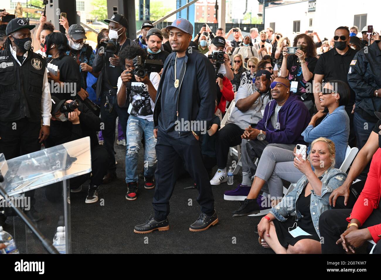 Nas delivers remarks at the groundbreaking of Bronx Point and the Universal Hip Hop Museum in the Bronx in New York. 20 May 2021 Stock Photo
