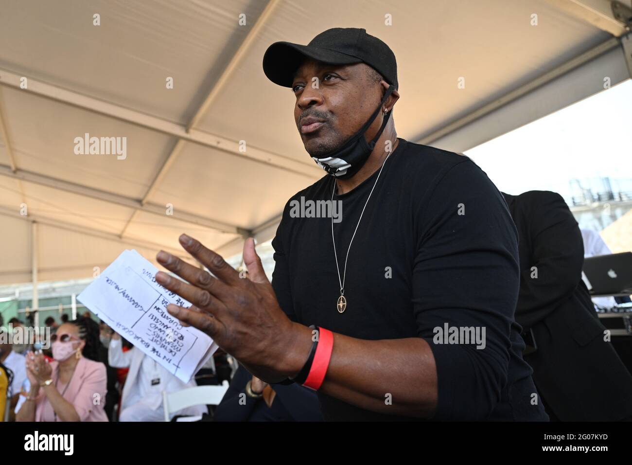 Chuck D delivers remarks at the groundbreaking of Bronx Point and the Universal Hip Hop Museum in the Bronx in New York. 20 May 2021 Stock Photo