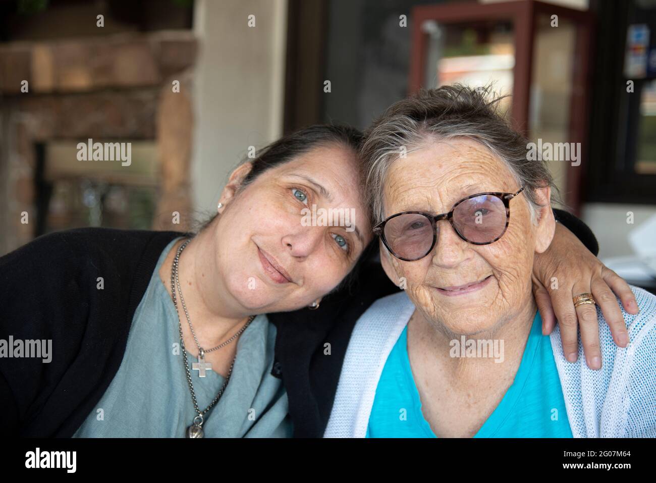 A 53 year old daughter with her 85 year old mother; Anaheim, California. Stock Photo