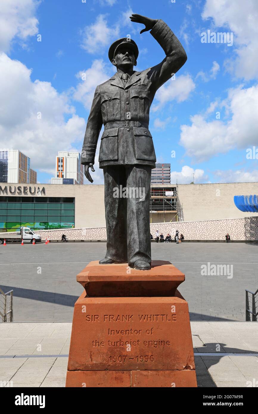 Sir Frank Whittle statue (Faith Winter, 2007, bronze), near Coventry Transport Museum, Millennium Place, Coventry, West Midlands, England, UK, Europe Stock Photo