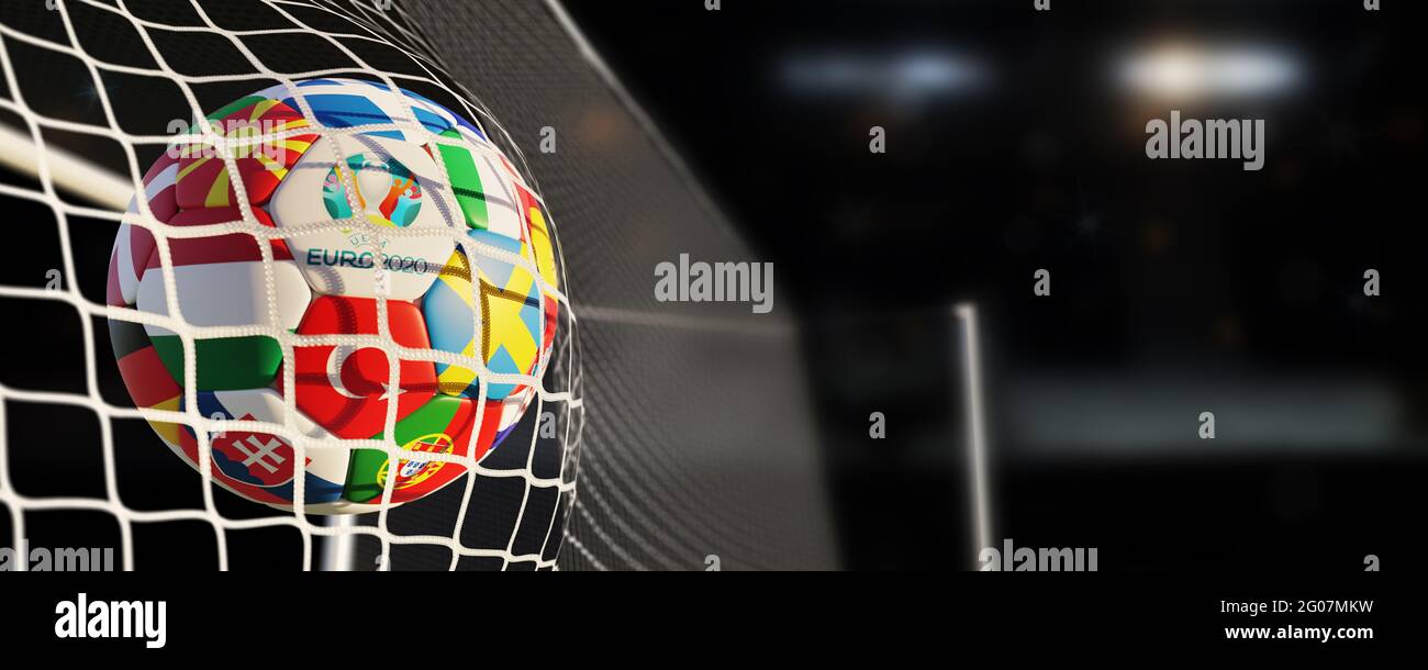 Guilherand-Granges, France - June 01, 2021. Football with national flags of participating states of Euro 2020 (in 2021) football tournament and offici Stock Photo