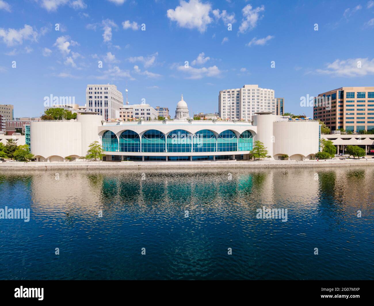 Aerial photograph of Madison, Wisconsin, USA. Monona Terrace Convention