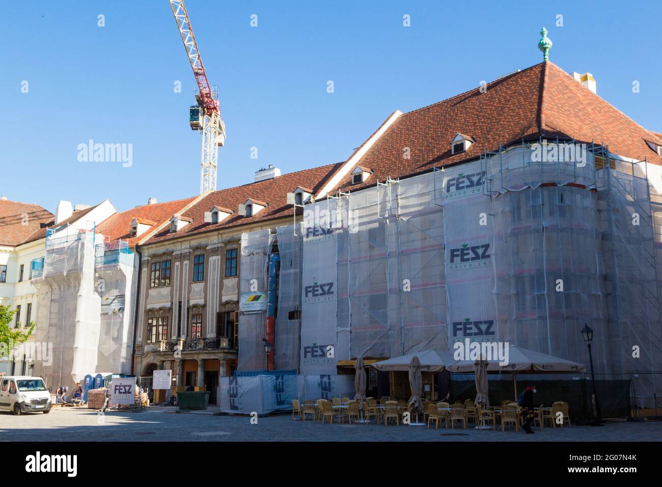 Renovating the old houses of museum quarter (Muzeumnegyed), medieval buildings in scaffolding, Sopron, Hungary Stock Photo