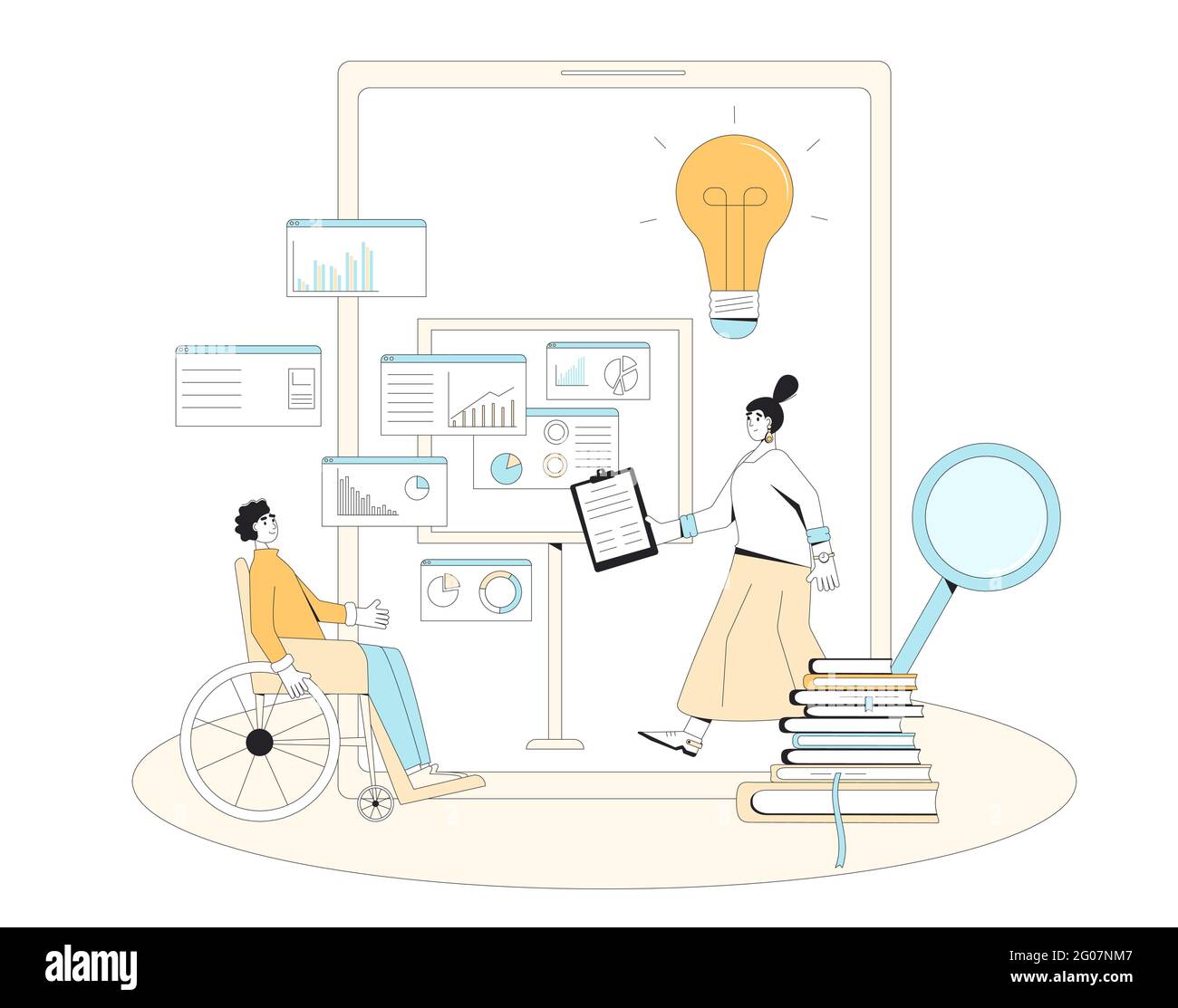Data scientists. Business analysis concept. People with schemes and ...