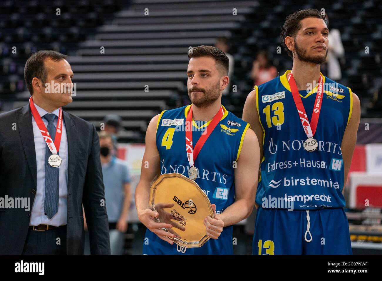 01.06.2021, Friborg, Halle St. Leonard, Final game 3: Friborg Olympic -  Starwings Basket, Starwings Basket is Vice Swiss Champion. # 4 Branislav  Kostic (Starwings Basket, center) (Photo by Til Buergy/Just Pictures/Sipa  USA