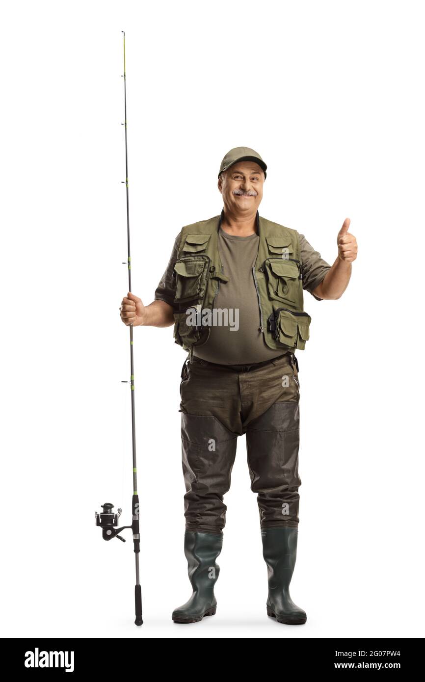 Full length portrait of a fisherman in a uniform standing with a