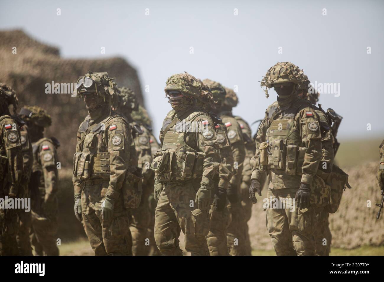 Smardan, Romania - May 11, 2021: Polish soldiers take part in a joint military exercise in Smardan firing range, southeastern Romania. Stock Photo