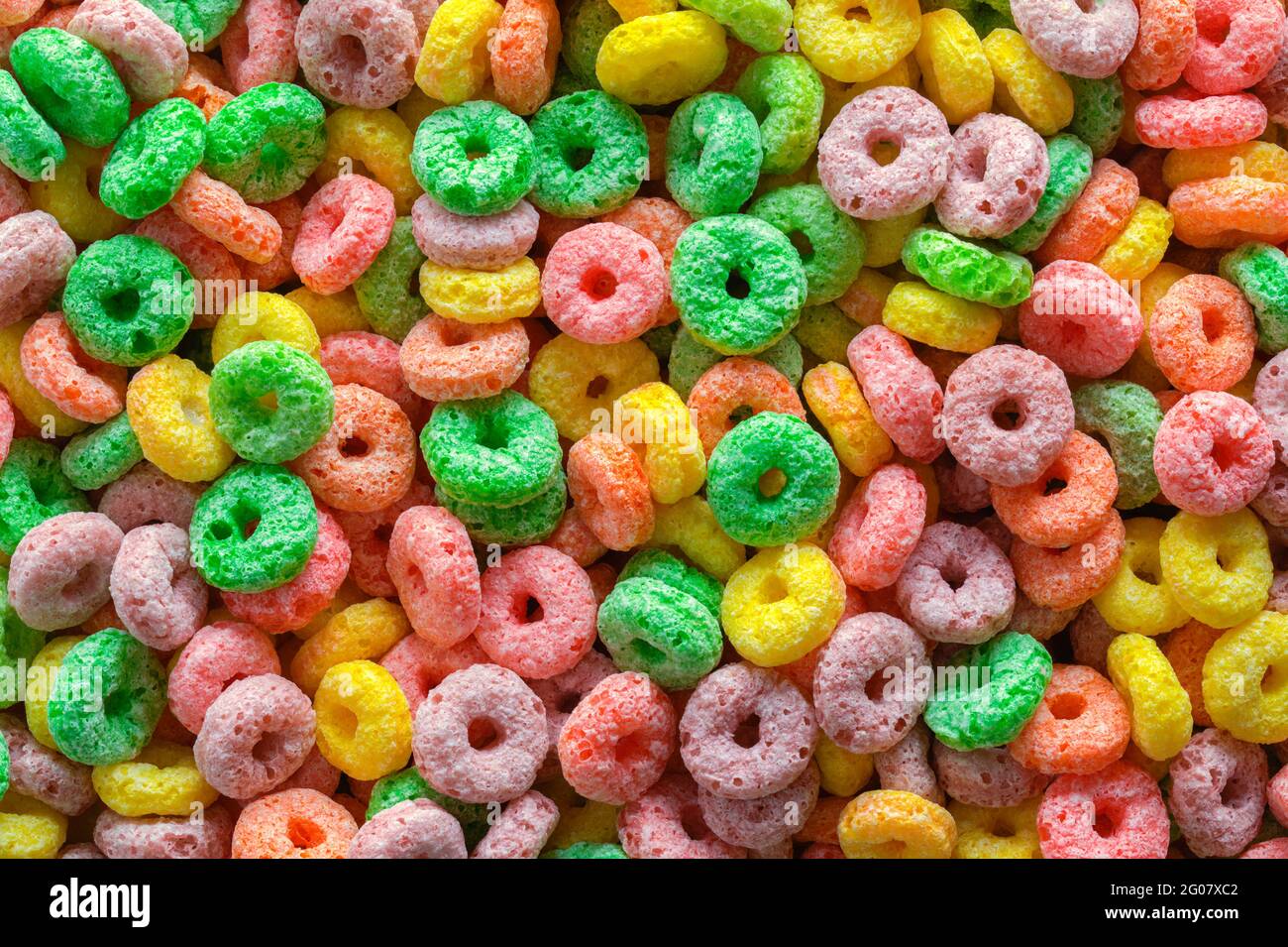 Pile of Fruit Cereal Background Texture Close Up. Stock Photo