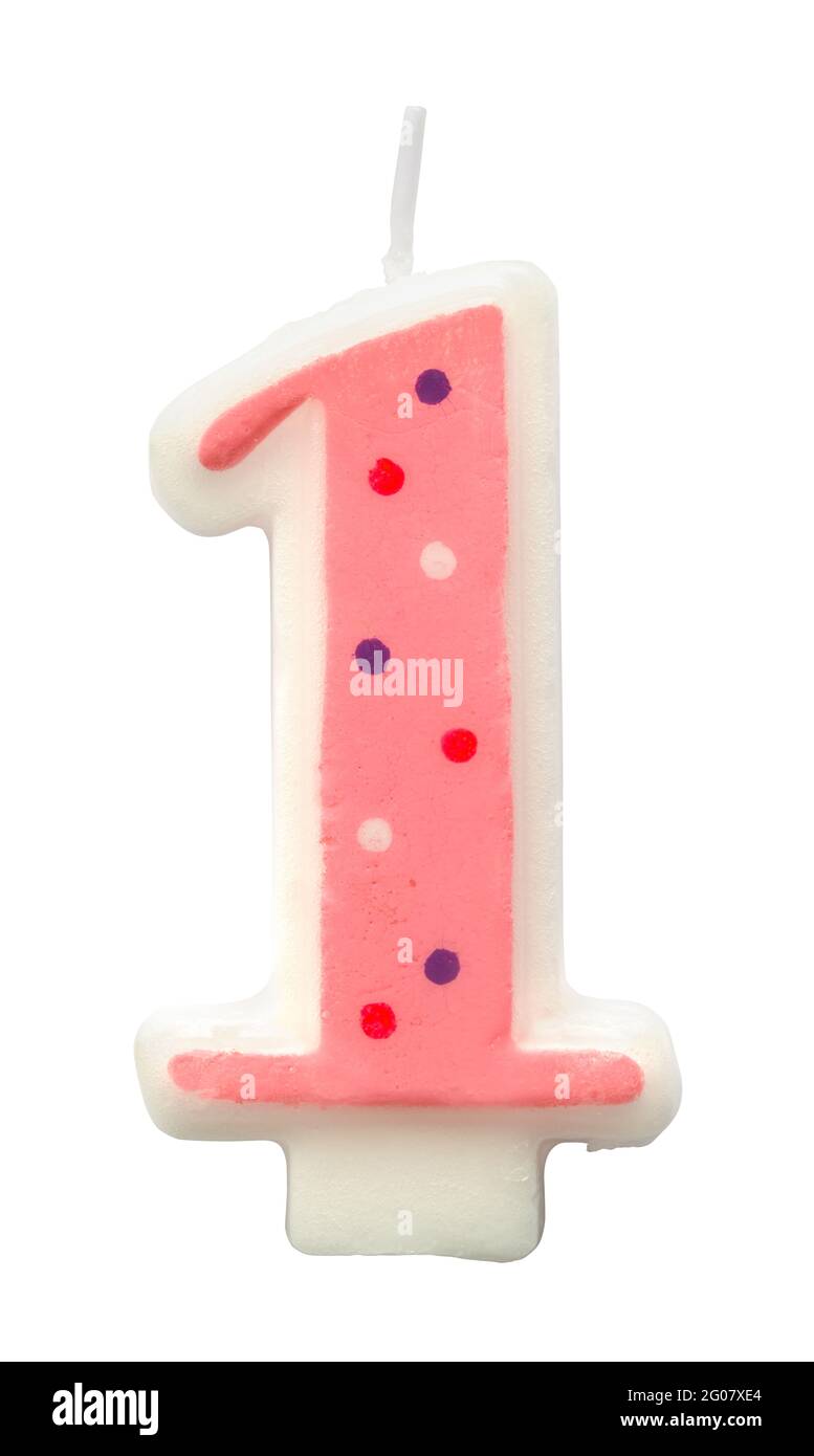 Pink Number One Candle Cut Out on White. Stock Photo