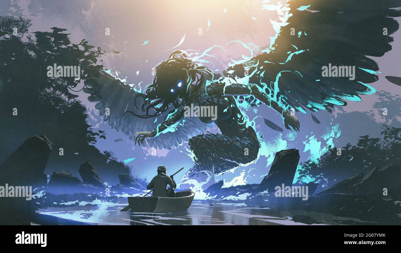 man on boat facing a legendary angel in the dark forest, digital art style, illustration painting Stock Photo
