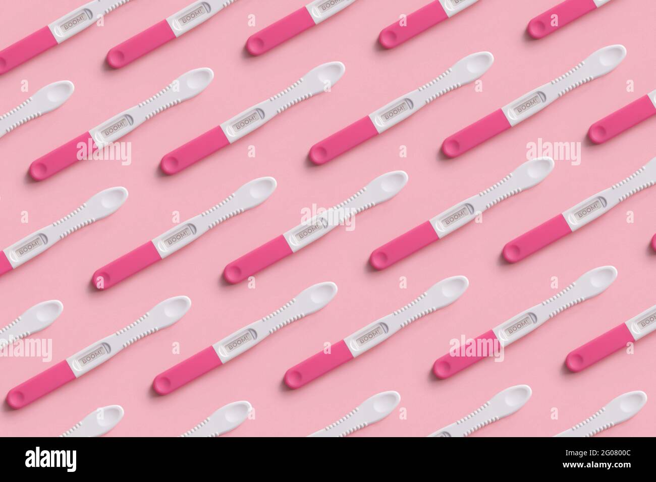 Top view of pregnancy test collage placed in even rows on pink background Stock Photo
