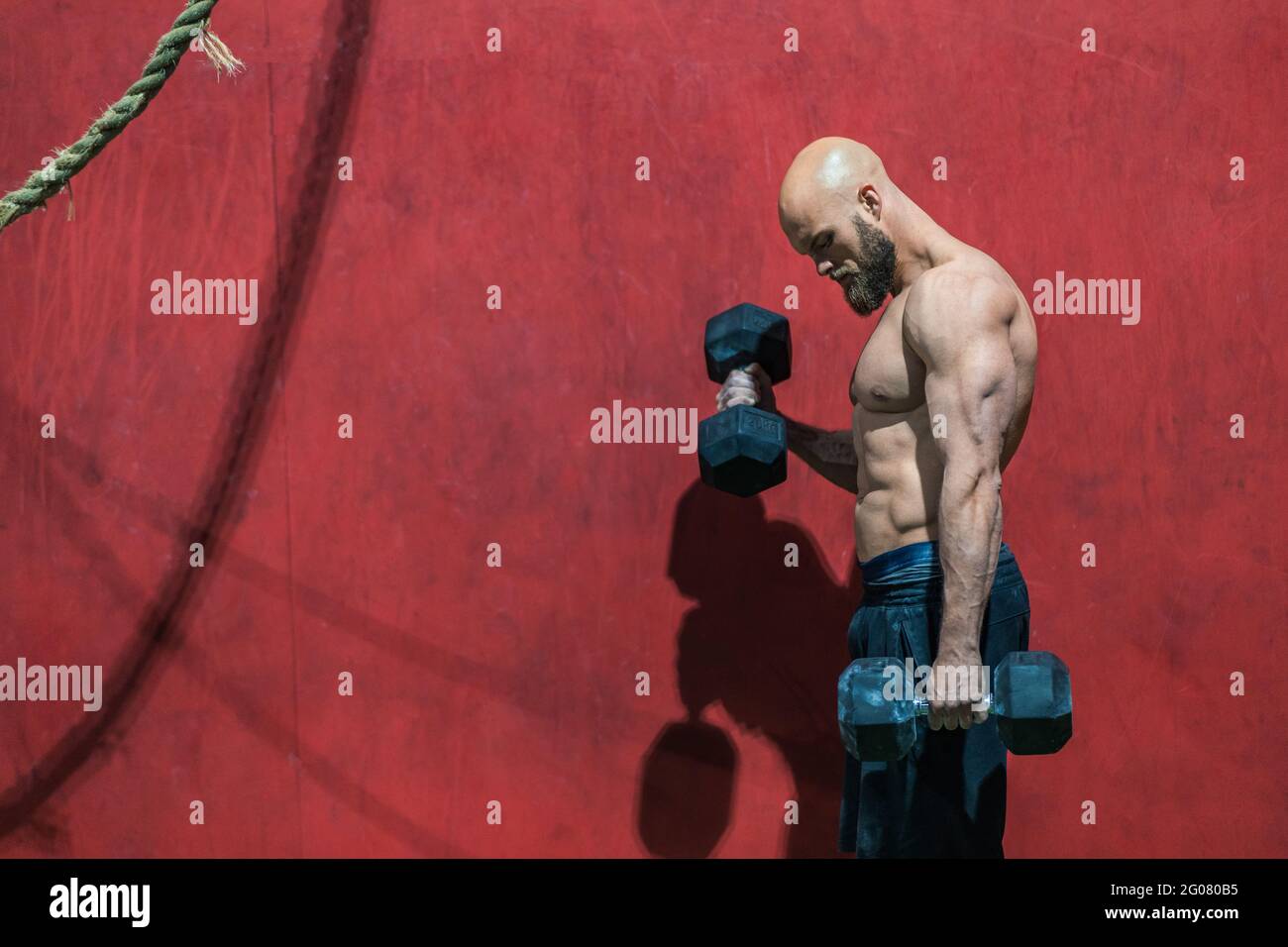 Side view of strong bearded athlete looking away with heavy dumbbells ...