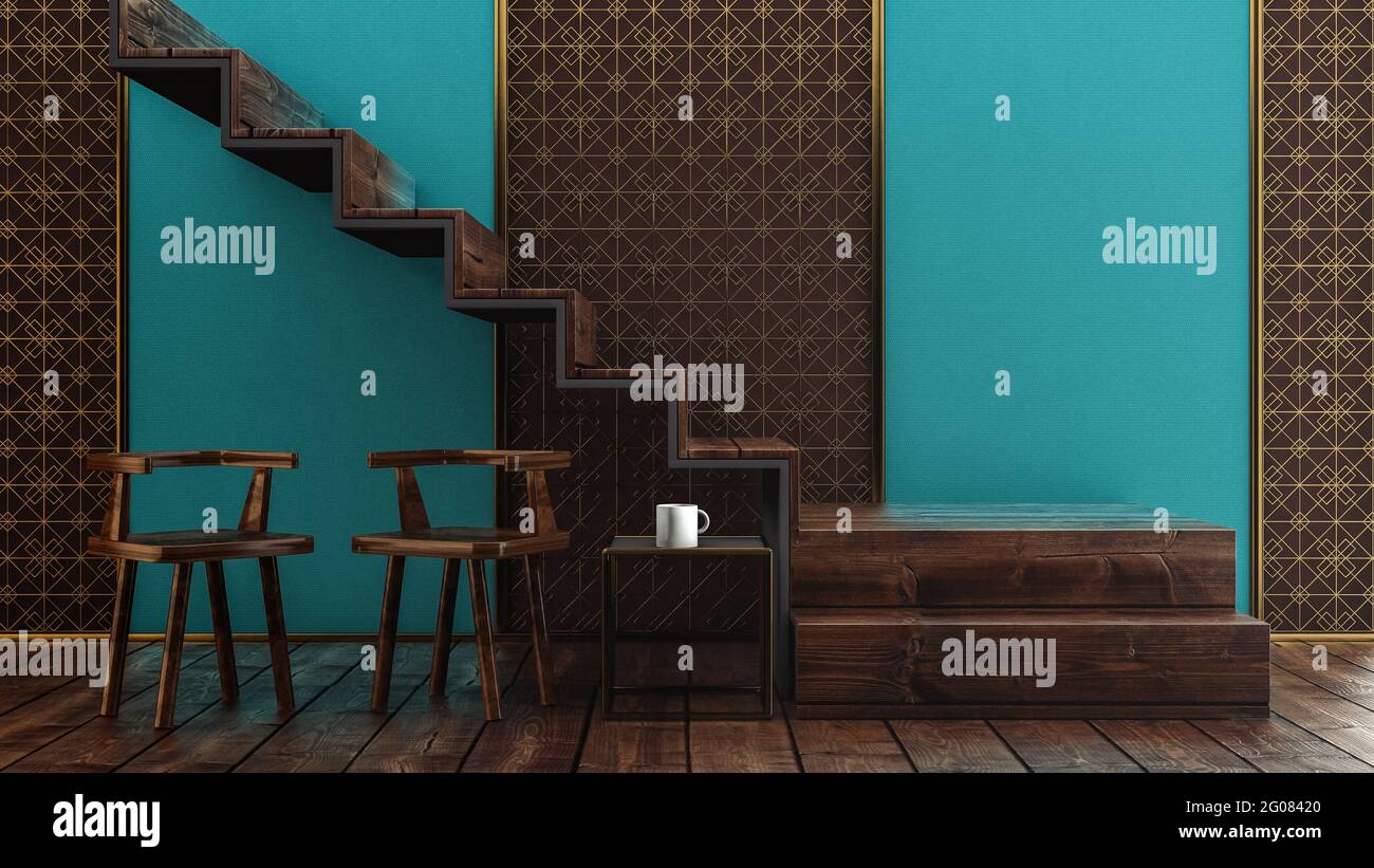 Interior with Art Deco style. Wooden stairs and chairs on green ...