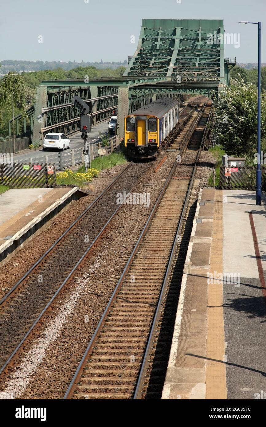 Northern Trains Class 150 Sprinter 150276 with the 2P15 1342 Doncaster to Scunthorpe service at Althorpe, Lincs heading for Keadby Bridge on 1/6/21. Stock Photo