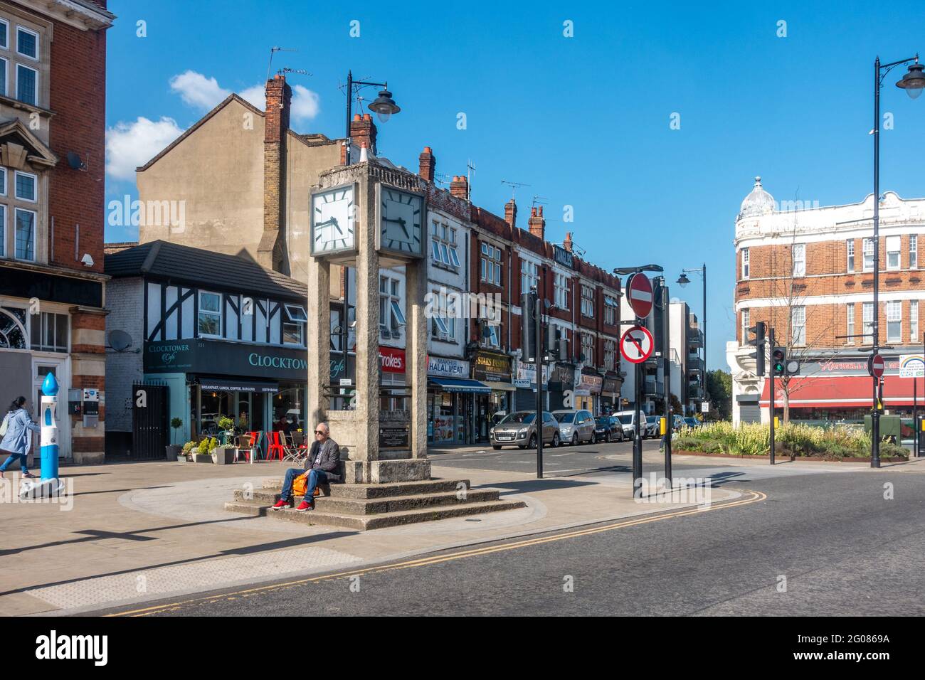 The clock tower on Hanwell Broadway in the centre of Hanwell town in The London Borough of Ealing. Stock Photo