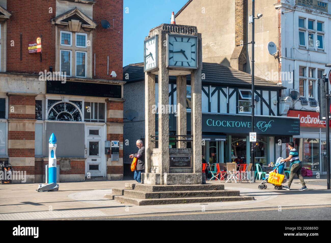 The clock tower on Hanwell Broadway in the centre of Hanwell town in